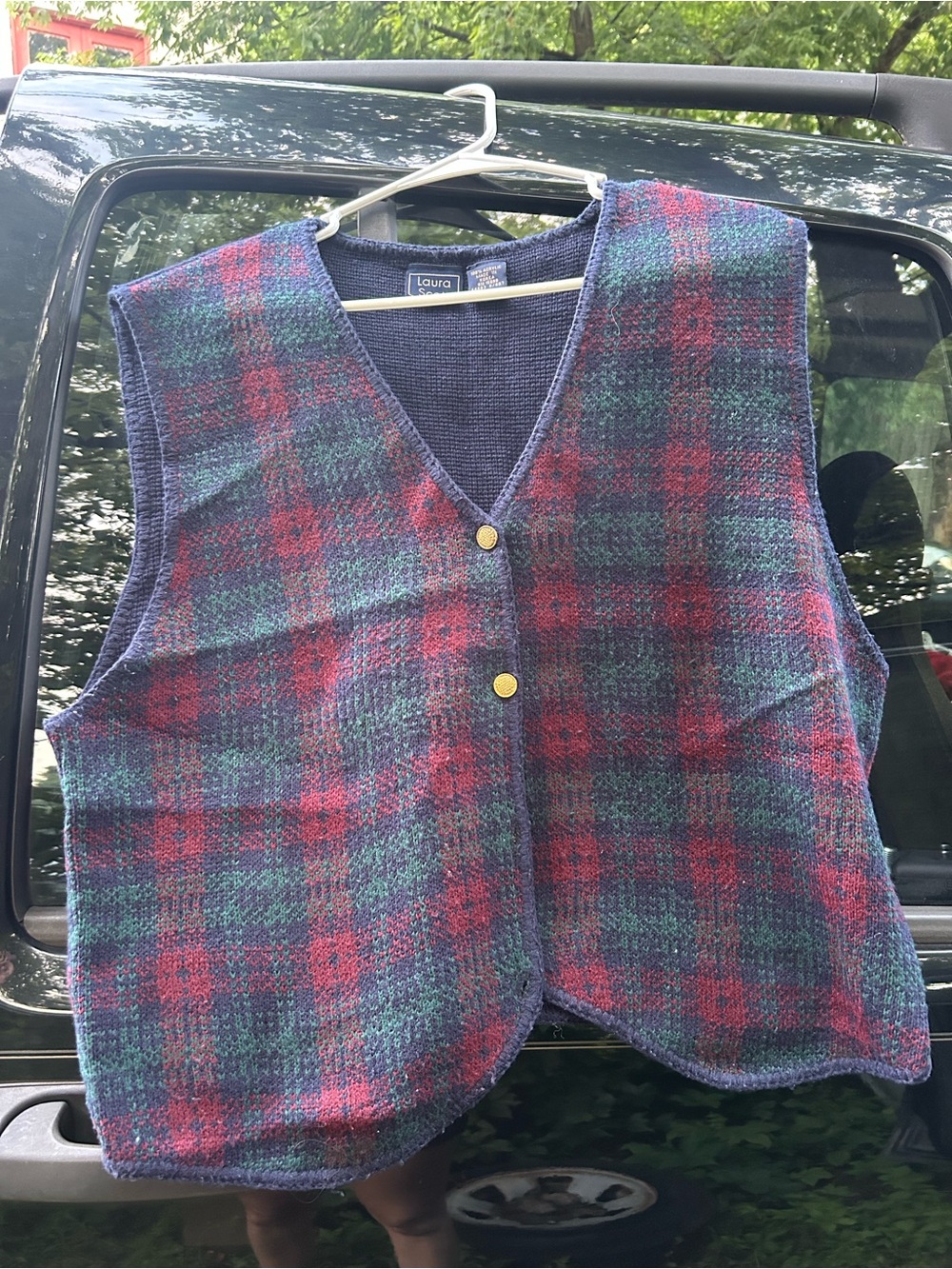 Plaid Knit Vest with Gold Buttons